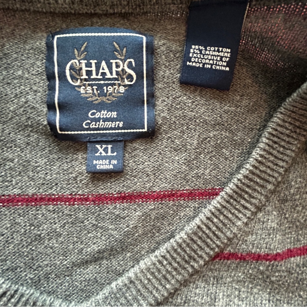 Chaps V-Neck Cashmere Blend Sweater, Size XL, Gray and Burgundy Striped - Picture 4 of 14